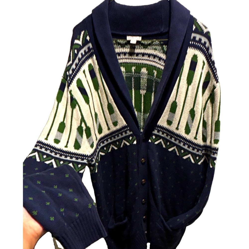 preppy button front cardigan Sweater 100% cotton Geometric Blue grn nautical XL